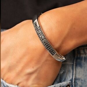 Silver Black Rhinestone Embellished Hinged Bracelet Modern Contemporary Jewelry